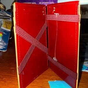 JCREW Cherry Red/Tan patent leather Magic Wallet secure cardholder